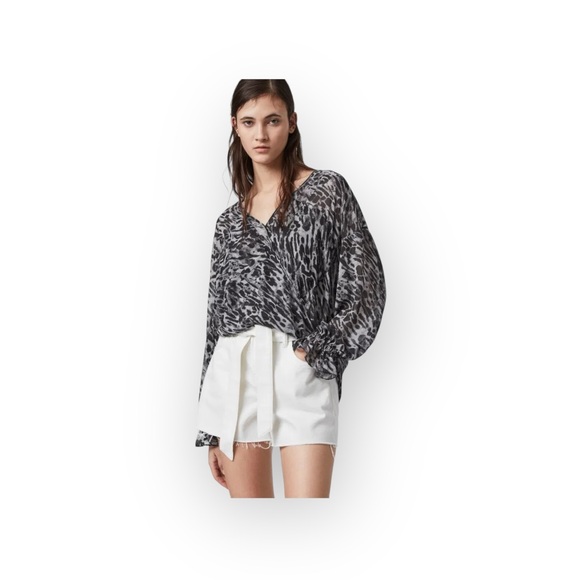 new Allsaints ✽ Penny Ambient Chiffon Surplice Top ✽ Pale Grey Leopard Print ✽ S - Picture 1 of 16